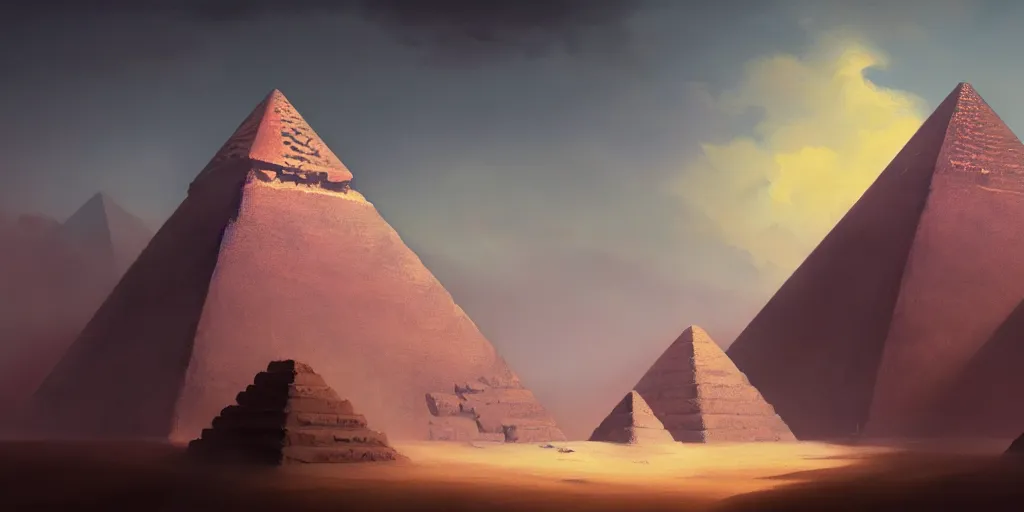 Prompt: pyramids, extremely detailed minimalist painting, in the style of fenghua zhong and ruan jia and jeremy lipking and peter mohrbacher, mystical colors, rim light, beautiful lighting, 8 k, stunning scene, raytracing, octane, trending on artstation