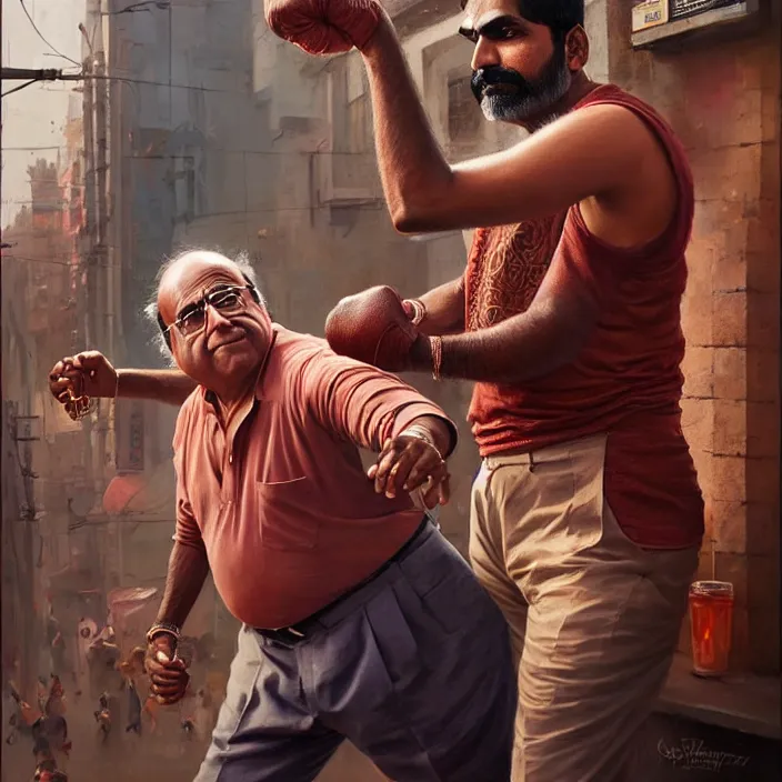 Image similar to portrait of tall indian man punching danny devito outside a bar, elegant, real life skin, intricate artwork, high detailed, artstation, concept art, smooth, sharpz focus, art by artgerm and greg rutkowski