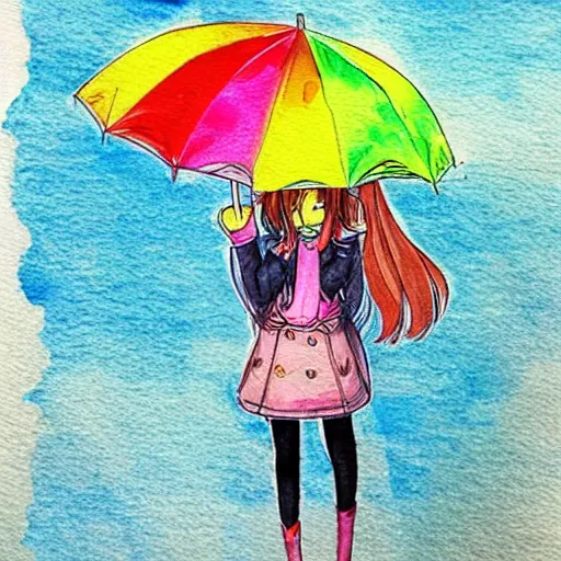 Prompt: rain, pattern, cute anime, vivid colors, watercolors, umbrella, girl