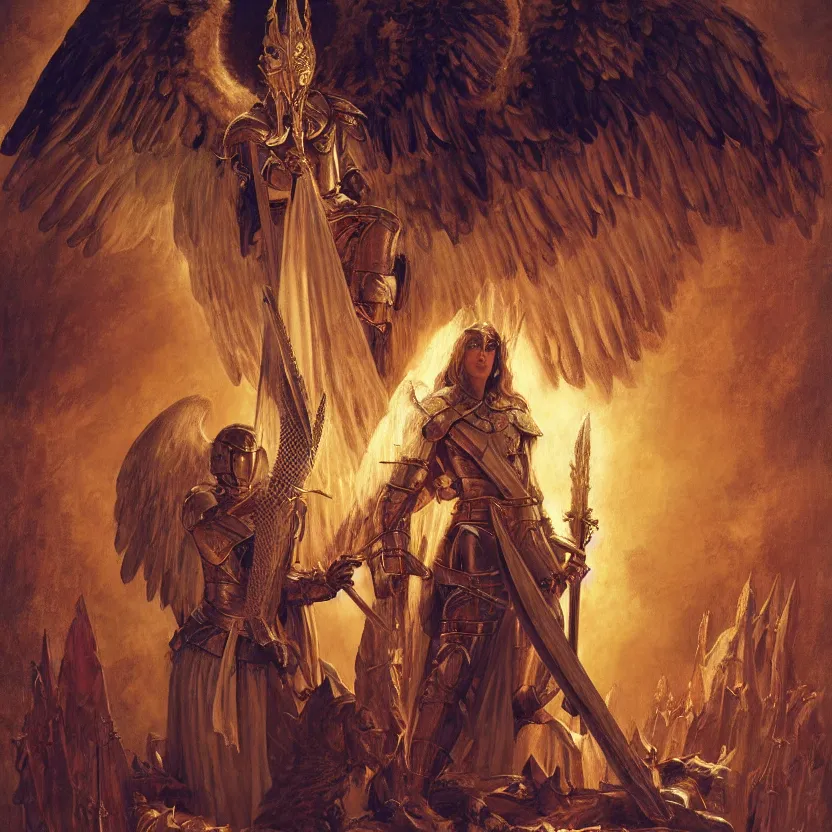 Image similar to painting of a powerful angel in medieval knights armory and white wings sitting on an enormous sword throne. cinematic lighting, atmospheric lighting, haunted, terrifying atmosphere by greg rutkowski, evelyn de morgan, bruce pennington.