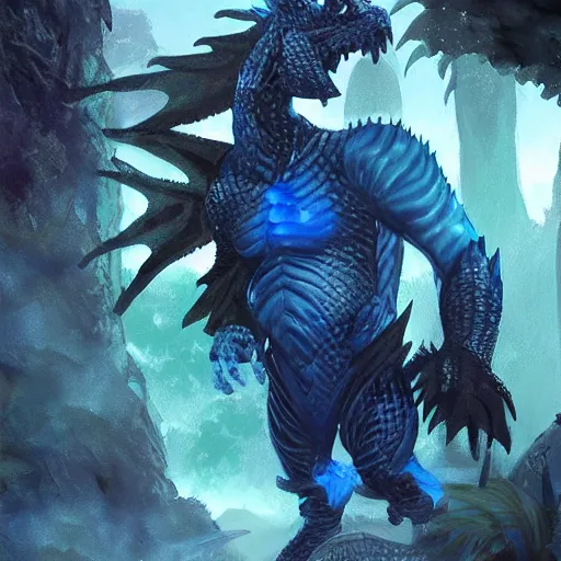 Image similar to A dragonborn with blue scales in a rainforest, trending on artstation, digital art