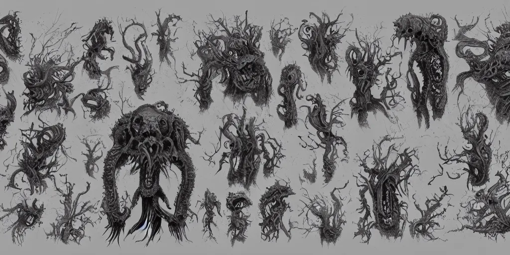 Image similar to Lovecraftian horror design, character sheet, kim jung gi style, Greg Rutkowski, Zabrocki, Karlkka, Jayison Devadas, trending on Artstation, 8K, ultra wide angle, zenith view, pincushion lens effect