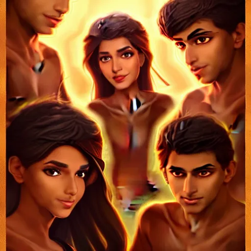 Prompt: realistic portrait of a brown female and three brown male characters summoned from inside a book like genies, aesthetic!!, trending on artstation, detailed digital art