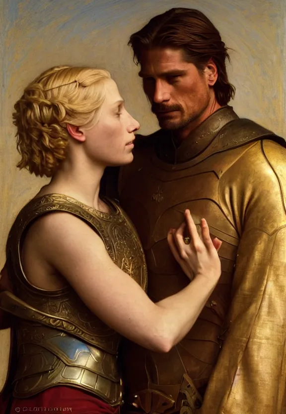 Image similar to attractive handsome fully clothed jaime lannister confesses his love for attractive fully armored brienne of tarth. centered composition. highly detailed painting by gaston bussiere and j. c. leyendecker and william adolphe bouguereau and fra angelico and octane render, musee d'orsay 8 k