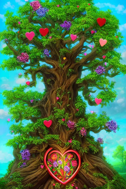 Prompt: A beautiful digital illustration painting of a detailed fantasy tree with a heart carved in the trunk grass and flowers by Blair Leighton and Lisa Frank, 8k resolution trending on Artstation concept art digital illustration