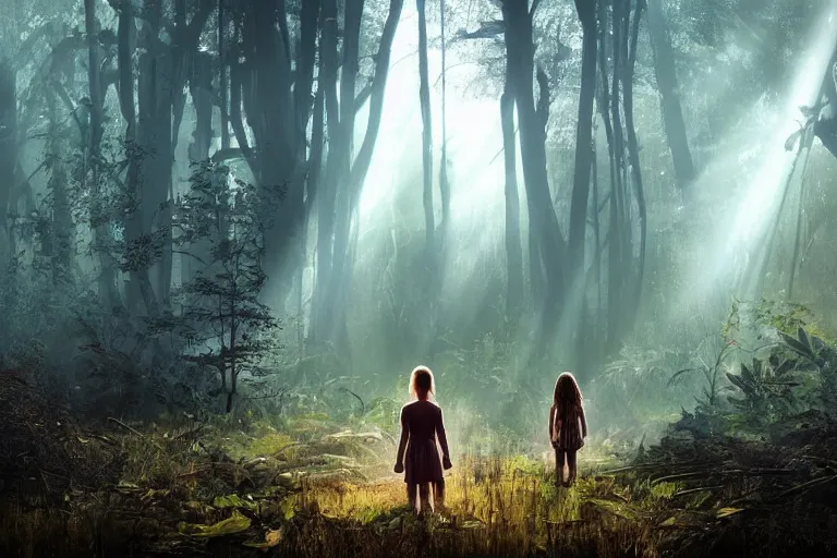 Image similar to the great beyond, sci - fi scene future new york, little girl holding a hand of a big robot, forest punk, crepuscular rays, epic scene, hyper realistic, photo realistic, overgrowth, cinematic atmosphere, ethereal lighting, in the style of john waterhouse