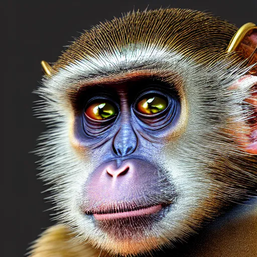 Image similar to Photography of ultra mega super hyper realistic detailed monkey by Hiromasa Ogura . Photo made from 30 meters distance on Leica Q2 Camera, Rendered in VRAY and DaVinci Resolve and MAXWELL and LUMION 3D, Volumetric cyan gold natural light. Wearing cyberpunk suit with many details by Hiromasa Ogura . Photo made from 30 meters distance on Leica Q2 Camera, Rendered in VRAY and DaVinci Resolve and MAXWELL and LUMION 3D, Volumetric cyan gold natural light