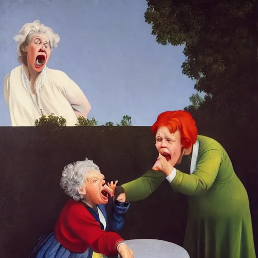 Image similar to a batshit crazy old woman yelling at the kids by Raphael, Hopper, and Rene Magritte. detailed, romantic, enchanting, trending on artstation.