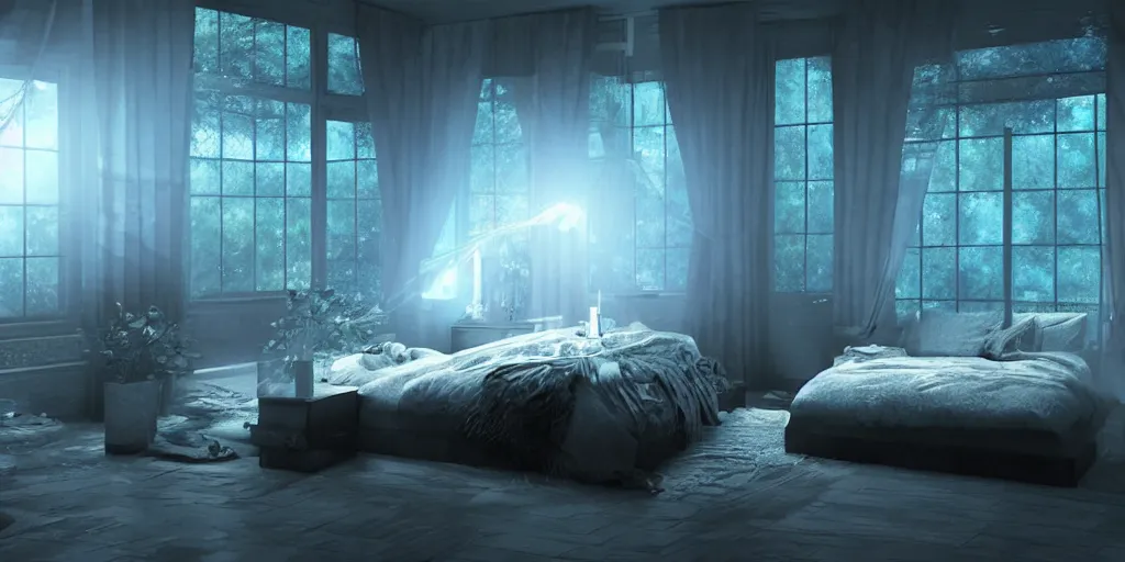 Prompt: beautiful bedroom at night, award - winning digital art, anime, volumetric lighting
