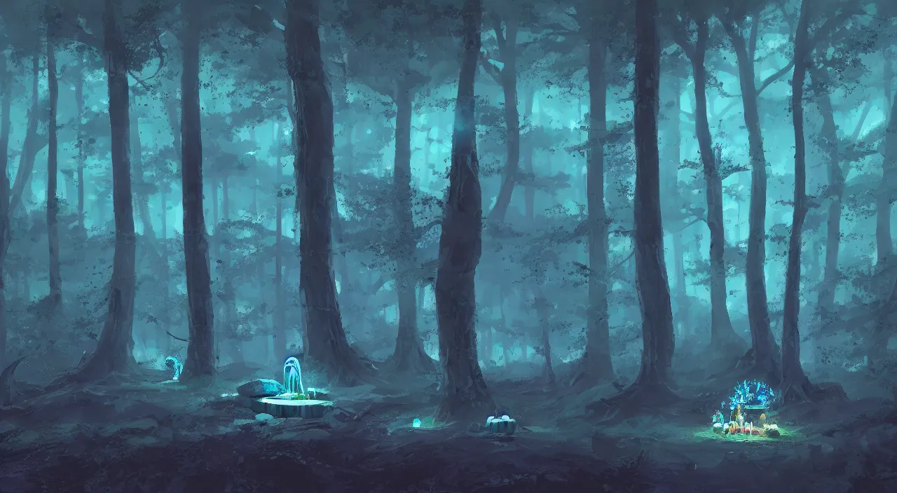 Prompt: stone altar surrounded by blue glowing bioluminescent mushrooms growing on trees in a forest at dark night, bright contrast, Ruan Jian, Ismail Inceoglu, digital 4K painting