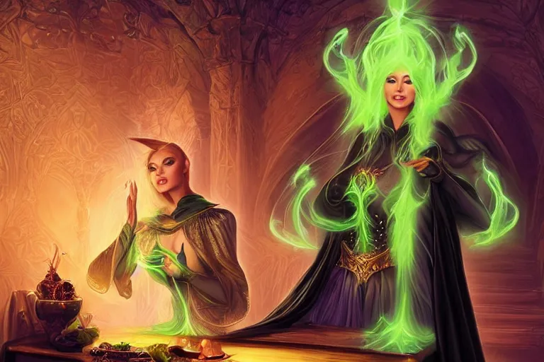 Prompt: a beautiful sorceress wearing a black robe with gold embroidery, sitting at table, casting a spell, green glows, painted by artgerm and boris vallejo, in the style of magic the gathering, highly detailed digital art