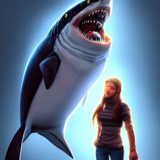 Image similar to portrait of anthropomorphic shark , casual clothes , horror , backlight, ,highly detailed, digital painting, artstation, concept art, matte, sharp focus, illustration, art by Artgerm and Greg Rutkowski