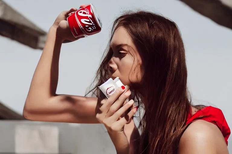 Prompt: beautiful fit summer fashion model woman drinking a Coca-Cola in natural light by Alessio albi