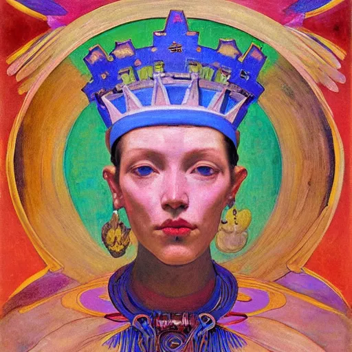 Image similar to the crown of clouds, by Annie Swynnerton and Nicholas Roerich and Diego Rivera, bioluminescent skin, elaborate costume, geometric ornament, symbolist, cool colors, smooth, sharp focus, extremely detailed