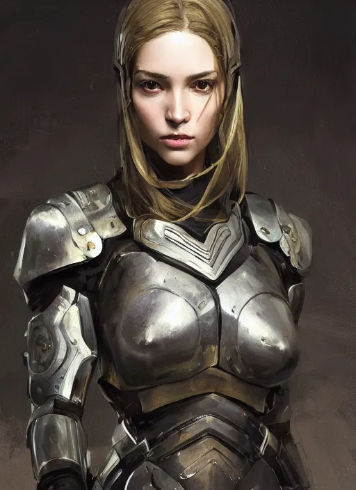 Image similar to a professional painting of a beautiful young female, clothed in military armor, olive skin, long dark hair, beautiful bone structure, symmetrical facial features, intricate, elegant, digital painting, concept art, smooth, sharp focus, illustration, from Metal Gear, by Ruan Jia and Mandy Jurgens and Artgerm and William-Adolphe Bouguerea