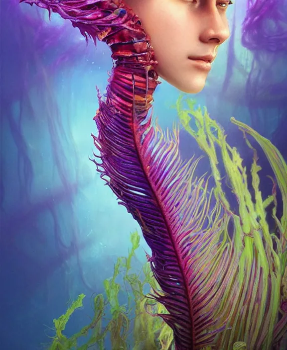 Image similar to filigreed colorful transparent portrait of a terrifying beautiful alien sea creature, fronds, mottled coloring, botany, adorable, childlike, horror environment, ultra realistic, concept art, art nouveau, photorealistic, octane render, 8 k, unreal engine. art by christopher marley and artgerm and greg rutkowski and alphonse mucha