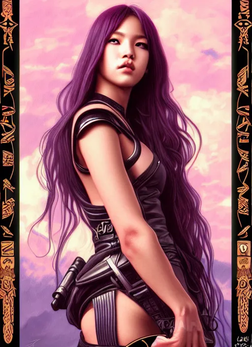 Image similar to jossi of blackpink, female soldier, tarot card, highly detailed, digital painting, smooth, sharp focus, illustration, ultra realistic, 8 k, art by artgerm and alphonse mucha