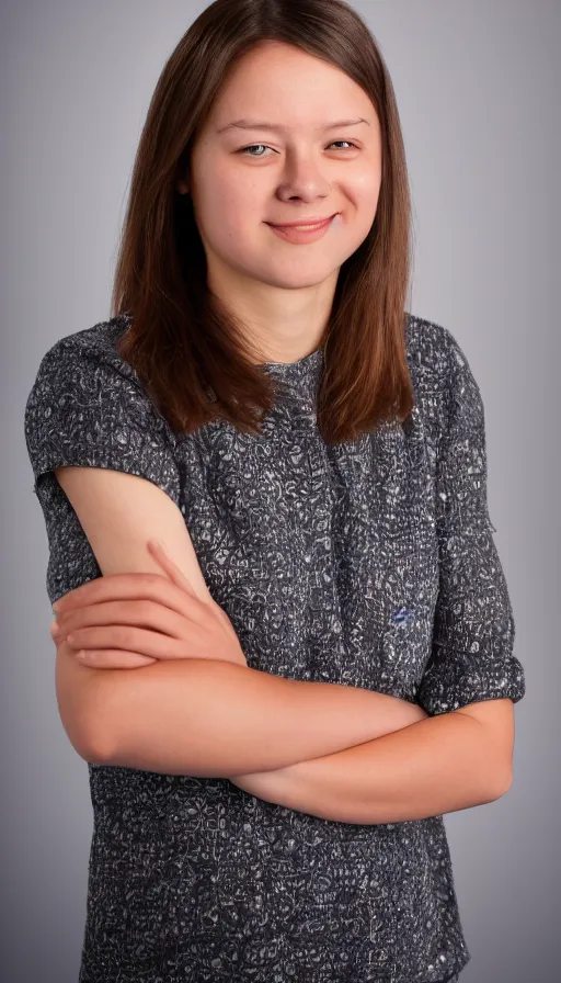 Prompt: official full length portrait photo of the youngest very photogenic female winner of the Nobel Prize in Chemistry at age 24, arms crossed, studio lighting