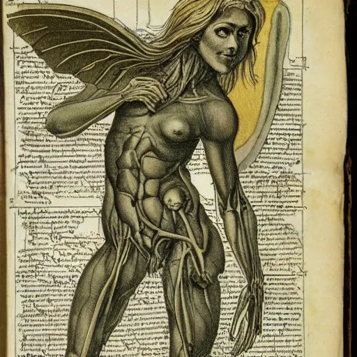 Image similar to page of an old anatomy book of fantastic creatures like leprechauns, fairies, dwarves and other, depicting the anatomy of a female magical fairy with golden green wings, long hair and elven features, old parchment