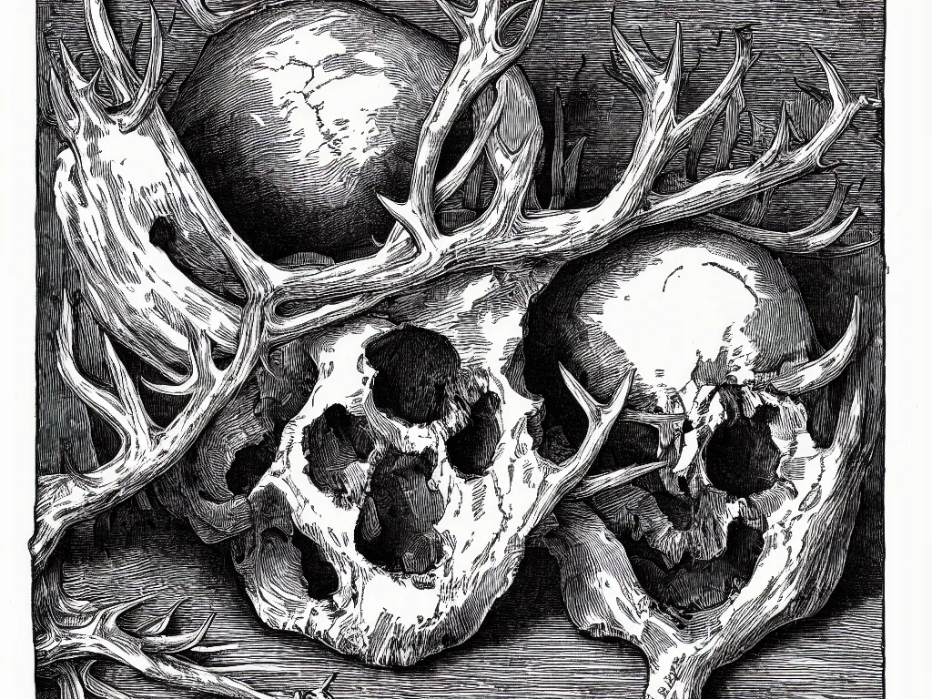 Prompt: Beautiful isometric print of a Giant Human Skull with antlers in the Sonora Desert Arizona landscape in the style of Albrecht Durer and Martin Schongauer, high contrast!! finely carved woodcut engraving black and white crisp edges