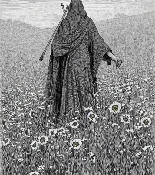 Prompt: grim reaper in beautiful meadow of flowers, pencil illustration by gustave dore, highly detailed, centered, high resolution, smooth, sharp focus, illustration