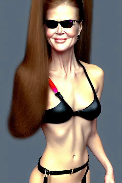 Image similar to mix of beautiful young maria shriver, mariel hemmingway, brooke shields, nicole kidman and elle macpherson as a dominatrix, thin lips, hair tied up in a pony tail, dark blonde hair, colorful, deviantart, artstation, cgsociety