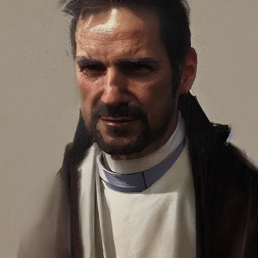 Image similar to An oil painting of a man dressed as a priest in his forties, beautiful and sharp face, dark brown hair with streaks of grey in it, highly detailed, by Greg Rutkowski, trending on artstation