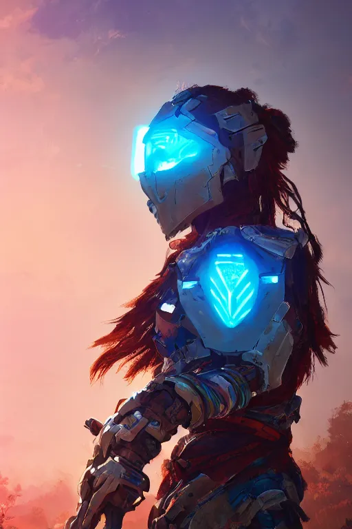 Image similar to combination suit armor aloy horizon forbidden west horizon zero dawn radiating a glowing aura global illumination ray tracing hdr fanart arstation by ian pesty and alena aenami artworks in 4 k tribal robot ninja mask helmet backpack