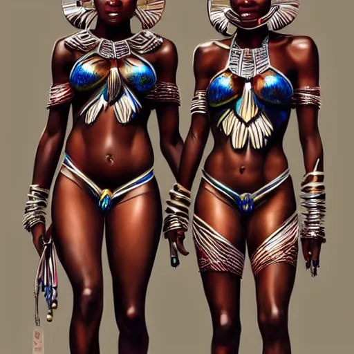 Image similar to beautiful Zulu goddesses holding hands, focused, worried, highly detailed, artstation, concept art, sharp, illustration, art by artgerm and beeply