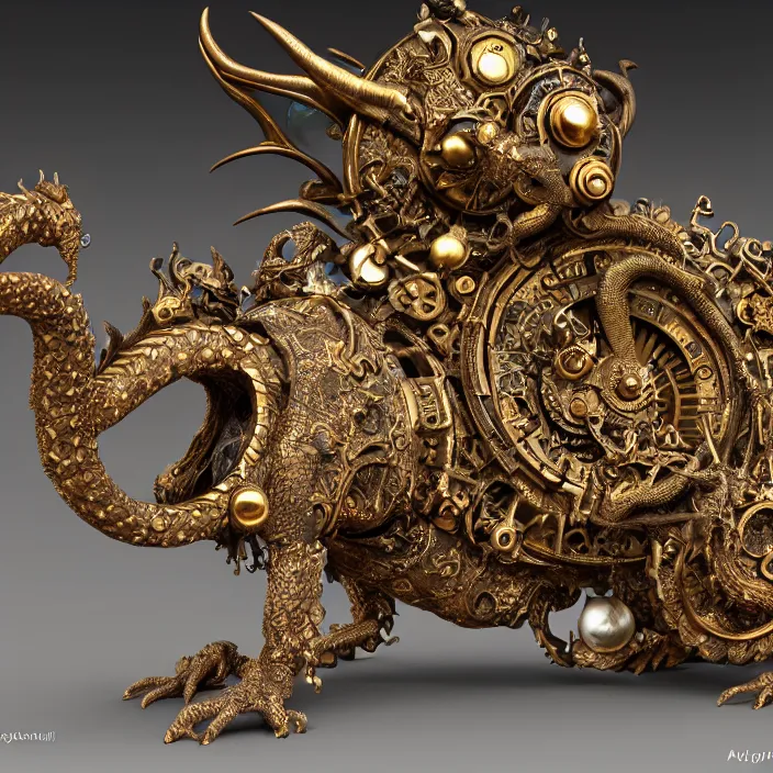 Prompt: highly detailed ancient clockwork artifact depicting a dragon made of bronze and ivory and encrusted with precious jewels, beautiful patina, ethereal, esoteric, zbrush sculpt, octane render, intricate, ornate, cinematic lighting, hyperrealistic, ancient steampunk vibe