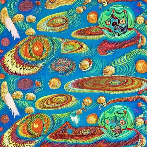 Image similar to psychedelic trippy couch pine forest planets milky way sofa cartoon by louis wain