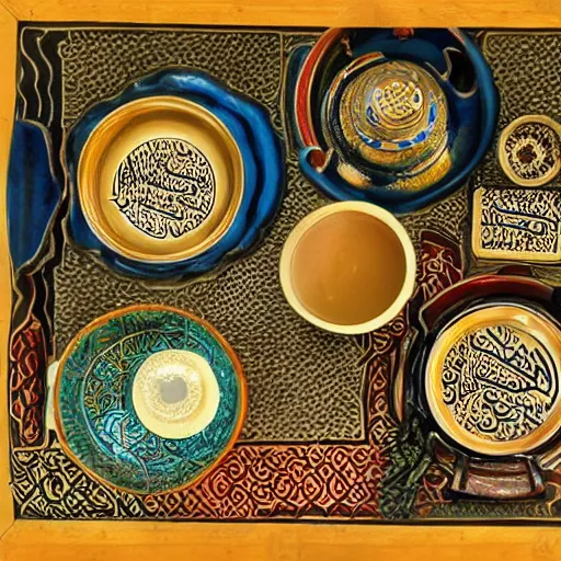 Image similar to Arabic calligraphy, Moroccan tea set, by pollock
