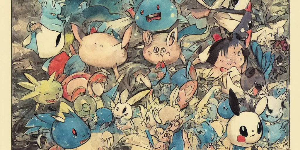 Image similar to a whimsical storybook illustration of pokemon, 1 9 5 0 s japan, designed by jean baptiste monge but in lowbrow pop art style, high resolution, fine details, muted colors m
