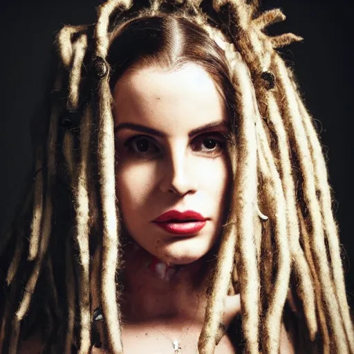 Prompt: photo portrait of Lana del Rey with face-tattoos and dreadlocks
