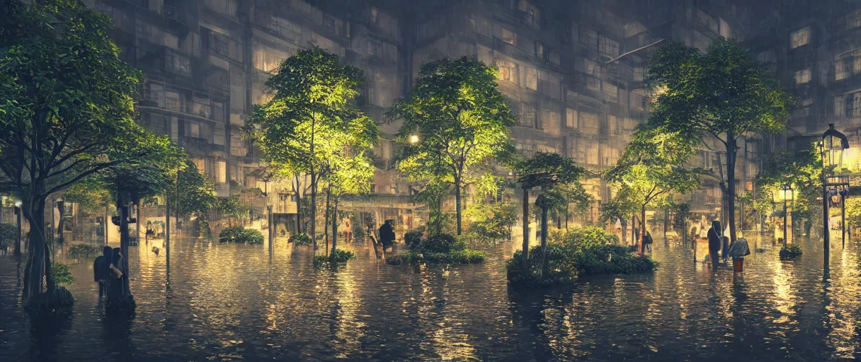 Image similar to raining at night at flooded miniature city, emotion is on the rise on the town, cute style garden, octane render, trees, evergreen, patio, garden, wet atmosphere, tender, soft light misty yoshitaka amano, and artgerm