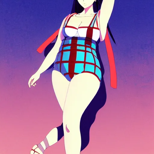 Image similar to a beautiful plus sized model japanese natalie portman, alluring plus sized model, wearing mayan leotard with overalls, street fashion hip hop style with mayan patterns, aztec street fashion, gapmoe yandere grimdark, trending on pixiv fanbox, painted by greg rutkowski makoto shinkai takashi takeuchi studio ghibli, akihiko yoshida