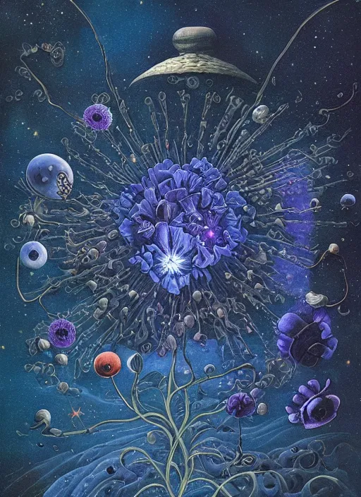 Image similar to detailed, intricate blue black and purple papaverum flower on the field, nebula, galaxy in the sky, winning award masterpiece, fantastically beautiful, illustration, aestheticly inspired, jacek yerka, upscale with anguissola sofonisba work, artstation, 8 k