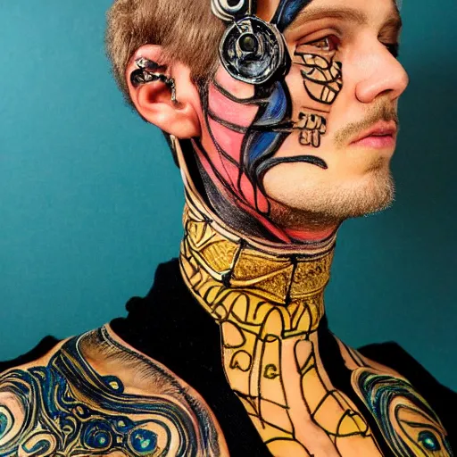 Prompt: an award finning closeup facial portrait by akseli kallen gallela luis royyo and john howe of a bohemian male cyberpunk traveller clothed in excessivelyg fashionable 8 0 s haute couture fashion and wearing ornate art nouveau body paint