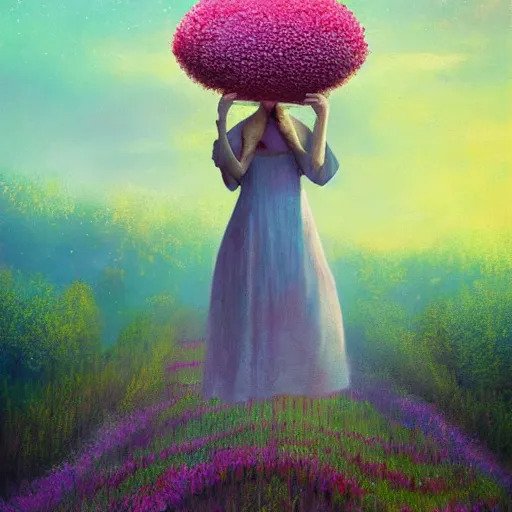 Image similar to girl with giant flower as a face, surreal photography, dream, dress made from the flower field she walks through, hills, big trees, sunrise dramatic light, impressionist painting, colorful clouds, digital painting, pointillism, artstation, simon stalenhag