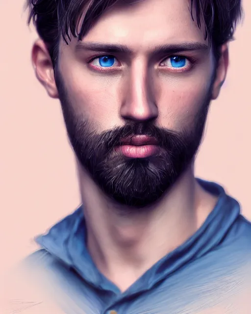 Image similar to portrait of a man in his mid - twenties with blue eyes, short dark blond hair, short beard, ultra realistic, epic, highly detailed, hd, sharp focus, cinematic lighting, realistic, dreamy, vivid colors, dreary, morose, matt painting, digital art, non blurry, sharp, artstation, concept art, smooth, illustration