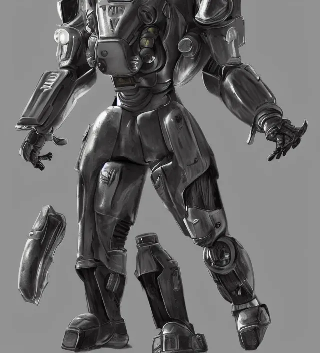 Image similar to a 3 / 4 view of a soldier wearing powered armor in the style of fallout power - armor and bubblegum crisis powersuit trending on artstation deviantart pinterest hyper detailed photorealistic hd 8 k post - processing high resolution