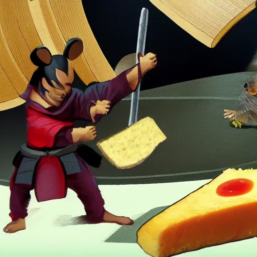 Image similar to Samurai fighting rat sitting on cheese