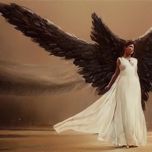 Image similar to Painting by Greg Rutkowski, an opera singer in a white dress with wings on stage