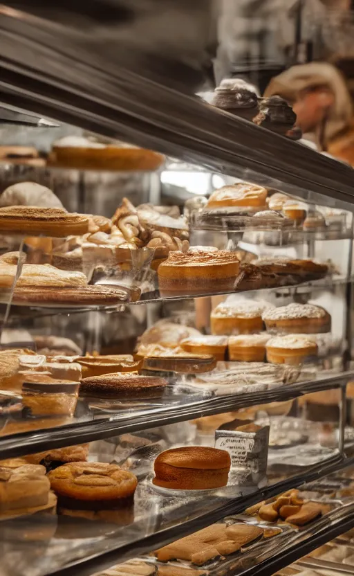 Prompt: close up realistic detailed photo of from inside of a cozy bakery, hdr, volumetric lighting, dim light, diffuse light