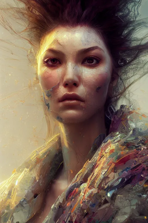 Prompt: a hiper intricate face closeup of beautiful girl looks like barbi doll, it falls apart into voronoi fractures, 3 d render, hyper realistic detailed portrait, ruan jia, wlop. scifi, fantasy, hyper detailed, octane render, concept art, by peter mohrbacher, by wlop, by ruan jia