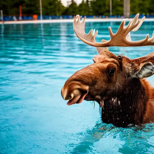 Image similar to photo of a moose at a swimming pool, people, 50mm, beautiful photo