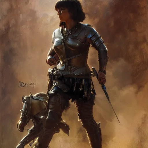 Image similar to close up of dora the explorer wearing leather armor, cinematographic shot, by daniel f. gerhartz