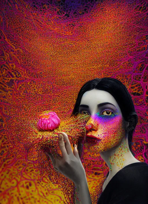 Image similar to hyper detailed 3d render like a Oil painting - black haired girl in mascara seen Eating of the Strangling network of colorful yellowcake and aerochrome and milky Fruit and Her delicate Hands hold of gossamer polyp blossoms bring iridescent fungal flowers whose spores black the foolish stars by Jacek Yerka, Mariusz Lewandowski, Houdini algorithmic generative render, Abstract brush strokes, Masterpiece, Edward Hopper and James Gilleard, Zdzislaw Beksinski, Mark Ryden, Wolfgang Lettl, Dan Hiller, hints of Yayoi Kasuma, octane render, 8k