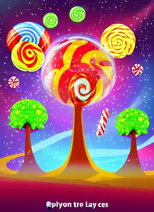 Image similar to candy planet cartoon poster with fantasy alien trees and sweets. magic unusual nature landscape for computer game, fairy tale cosmic background with beautiful strange plants