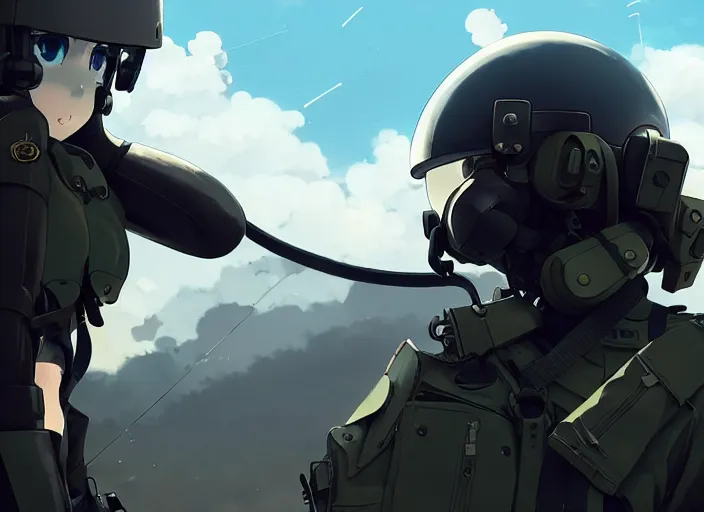 Prompt: portrait of pilot girl parachuting behind enemy lines, black sky background, chaotic landscape, illustration concept art anime key visual trending pixiv fanbox by wlop and greg rutkowski and makoto shinkai and studio ghibli and kyoto animation, kaki body suit, wires, halo, odst, oxygen mask and helmet, military gear, grimdark, volumetric lighting